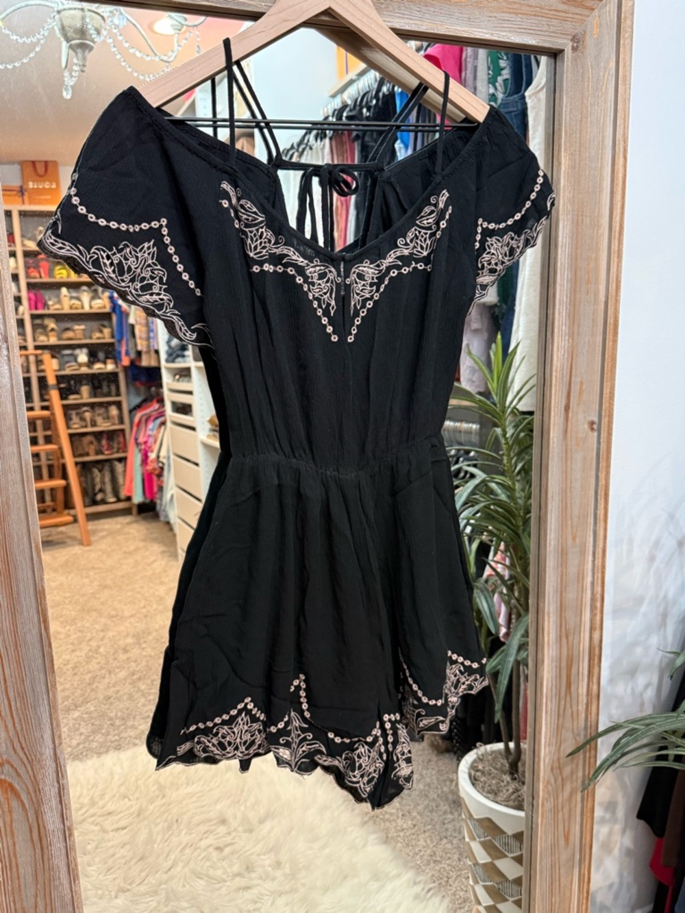 Lush Black Embroidered Off-Shoulder Romper with Tan Detailing